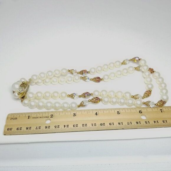 Vintage Two Stand Beaded Faux Pearl and AB Necklace, Retro 60s Style, Estate - Picture 3 of 4
